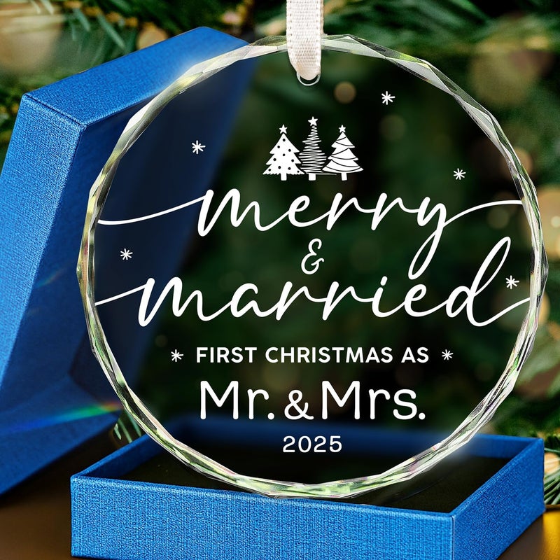 HEXMOZ Wedding Gifts for Couples 2025 - First Christmas Married Glass Ornament, Mr and Mrs Gifts, Wedding Ideas for Newly Wed, Just Married Couple, Bride - Bridal Shower Gift 1st Christmas Merry Decor - Image 1